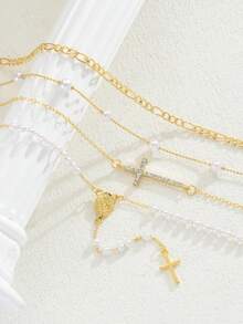 4 قطع طقم قلادة على شكل حرف Y، تصميم أنيق وعصري بطراز عتيق مزين بخرز مصطنع، صليب، نقش بارز، ومرصع بالراين ستون، سلاسل متنوعة الأنماط مناسبة للمناسبات والحفلات والهدايا والاستخدام اليومي