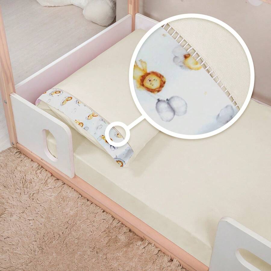 MONTESSORI Bed Sheet 2 Pieces Percale 400 Thread Count Stick Stitch Pillowcase - Sư tử ngủ với rơm - Xem 1