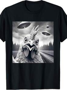 Chicken Rooster Funny Graphic Sie With UFOs Weird Aliens T-Shirt - Style 11 - View 1