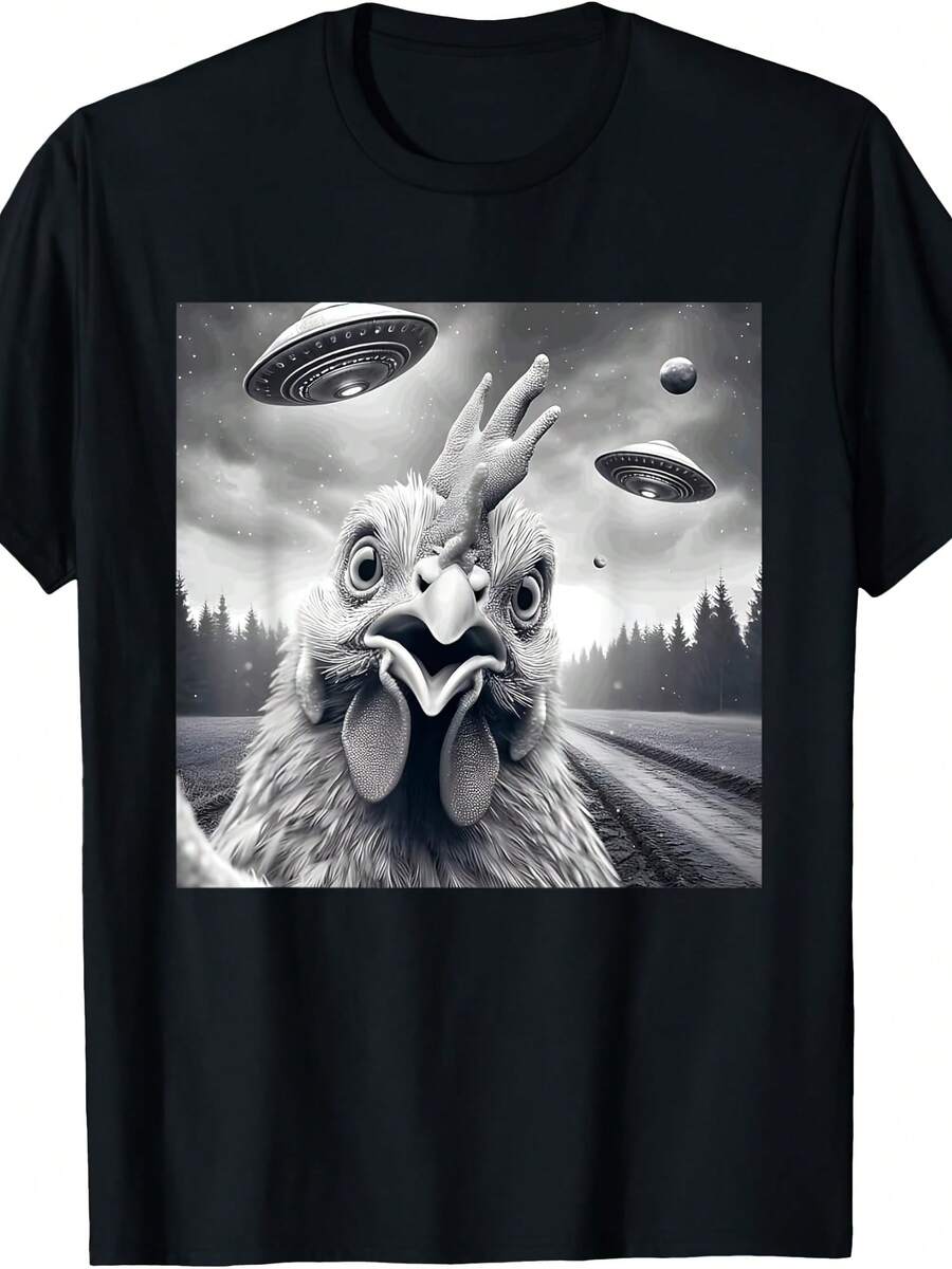 Chicken Rooster Funny Graphic Sie With UFOs Weird Aliens T-Shirt - Style 11 - View 1