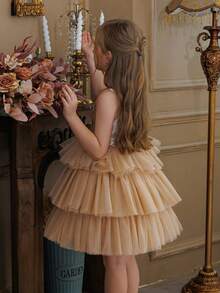 Young Girl 3D Floral Decor Tulle Princess Party Dress, Elegant Girls Birthday Party Wedding Flower Girl Holiday Celebration Outfit - Champagne - View 4