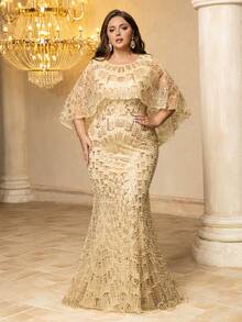 UNITHORSE Plus Women's [Random Cut] Round-Neck Haute Glamour Luxury Cloak Sleeves Dress Wedding - Champagne - View 6
