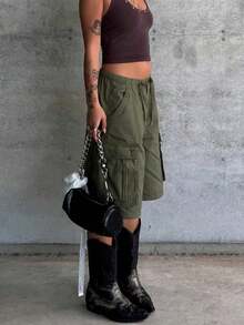 Y2K Cargo Jean Shorts Women Summer Camouflage Print Drawstring Low Rise Baggy Denim Shorts Casual Jorts Streetwear - 軍綠色 - 查看 7