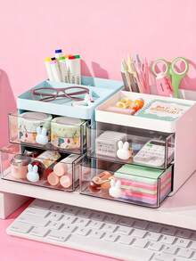 Caja de almacenamiento con múltiples cajones, gabinete de almacenamiento de escritorio de oficina de estilo de cajón pequeño, caja de almacenamiento mini de plástico multicapa, caja de almacenamiento de papelería para el hogar, caja de almacenamiento de suministros de oficina, caja de almacenamiento de cosméticos, disponible en varios colores (blanco lechoso, rosa melocotón, azul cielo)