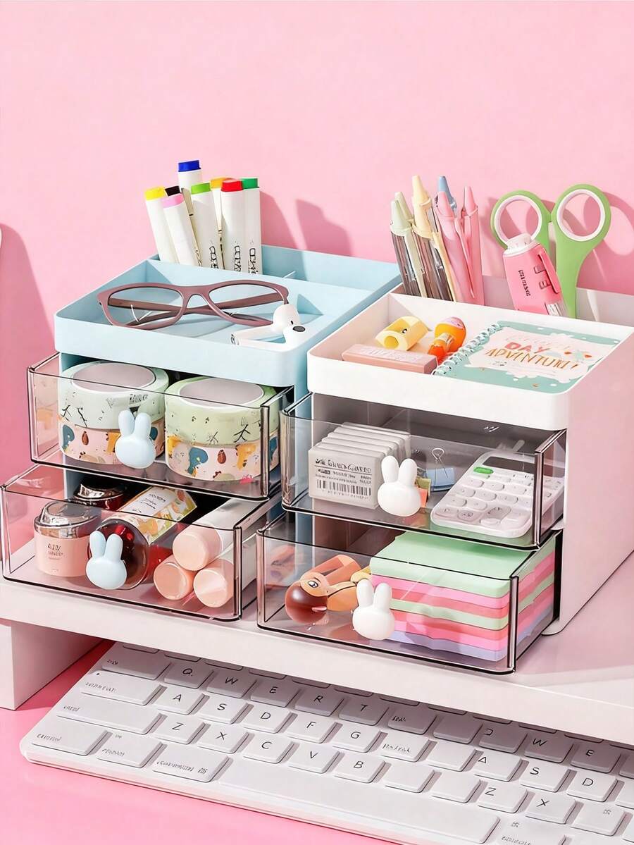 Caja de almacenamiento con múltiples cajones, gabinete de almacenamiento de escritorio de oficina de estilo de cajón pequeño, caja de almacenamiento mini de plástico multicapa, caja de almacenamiento de papelería para el hogar, caja de almacenamiento de suministros de oficina, caja de almacenamiento de cosméticos, disponible en varios colores (blanco lechoso, rosa melocotón, azul cielo)