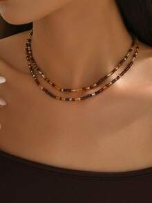 1 Set Of 2pcs Handmade Beaded Necklace Set, Vintage Elegant Design With Brown Rice Beads, Suitable For Women's Daily, Vacation, And Party Wear (Bead Positions Random)