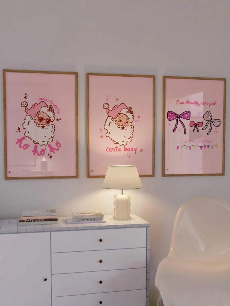 1 Stück ungerahmter, handgezeichneter girly Weihnachtsdruck in preppy pastellrosa Urlaubsdekoration, vintage retro Weihnachtsmann druckbare - digitale Weihnachtskarte