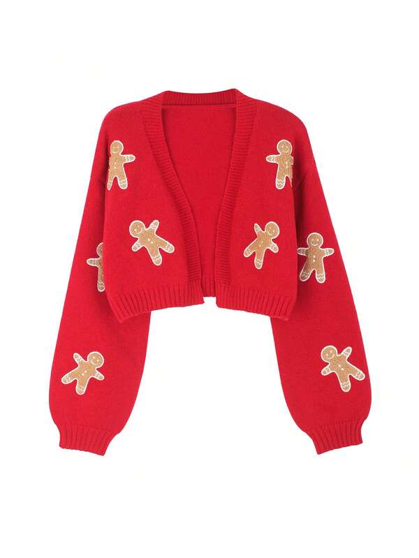 Cardigan à manches longues rouge pour femmes, motif de bonhomme en pain d'épices court, veste en tricot élégante et décontractée pour Noël/Nouvel An, automne/hiver