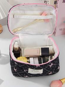 1个蝴蝶结装饰大容量手提化妆包，简约风格多功能化妆包，化妆品收纳包，旅行化妆包，化妆工具整理包，女士礼物，旅行必备，夏季母女装 - 黑色 - 查看 11