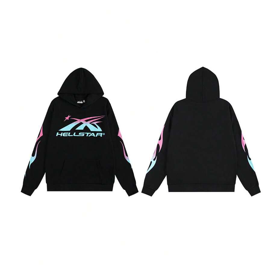 Hoodie, Retro Letter Print Hoodie, Men's Streetwear Long-Sleeve Hooded Sweatshirt, Couple Matching Outfit Sweatshirts - H519黑色 - 查看 1