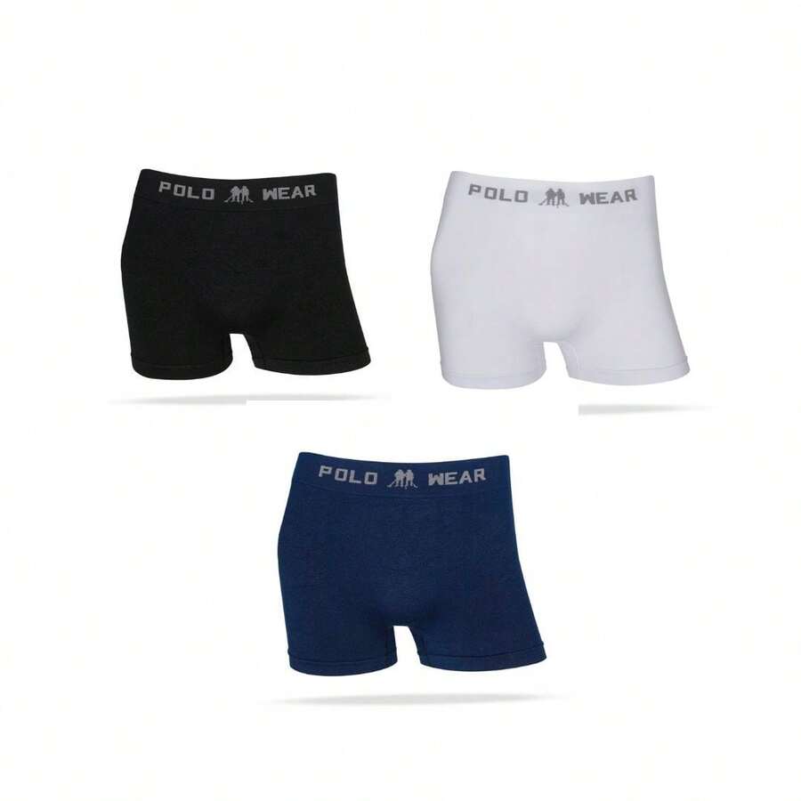 Kit 3 Cuecas Boxer Polo Wear Sem Costura em Microfibra Lisa - Preto Branco e Azul - Visão 1