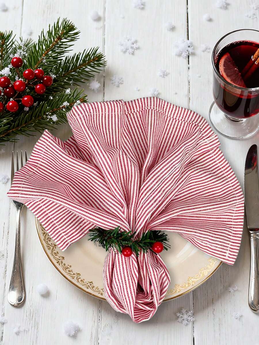 2/6/12/280pcs Christmas Red & White Striped Polyester Cloth Napkins, Washable & Reusable, Suitable For Party, Banquet, Restaurant, Kitchen, Food, Dining Table Decor - 紅色 - 查看 1