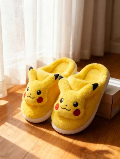 pokemon Pantufas femininas de pelúcia - Pantufas fofas com sola grossa de borracha antiderrapante e estampa de desenho animado, ideais para uso interno e externo. Pantufas felpudas e macias.