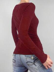 Women's Solid Color Ruffle Autumn Top Long Sleeved Round Neck Slim Fit Top Daily Streetwear - Burgundy - View 2
