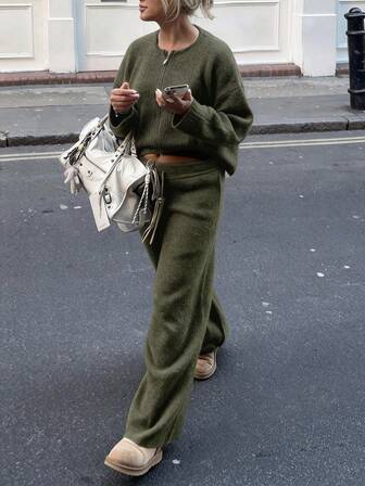 1pc Women's HoloChill Casual Style Drawstring Solid Color Knit Loose Pants, Summer Casual New Item (Not A Set)