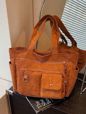 Neue einfarbige lässige Cord Schultertasche mit großer Kapazität, modischer vielseitiger College-Stil Multifach-Handtasche, Studententasche, geeignet für Notizbücher, für Büro, Pendeln, Einkaufen, Reisen und Campusnutzung