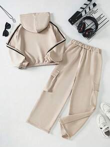 Tween Girl 两件套，Tween Girl 酷炫印花字母连帽衫，时尚休闲工装裤