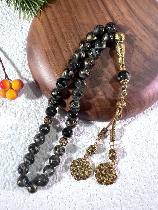 33pcs 10mm Large Flower Beads Golden Tassel Glass Prayer Beads Rosary Tasbih For Muslim Daily Praying