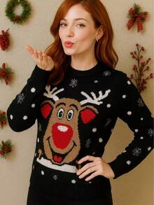 NAVIDAD Suéter Navideño Reno Lindo con Copos de Nieve para Mujer Dama Sexy Lindo Tierno para Epocas Navideñas Christmas Acogedor Uglysweater - Negro - Ver 5