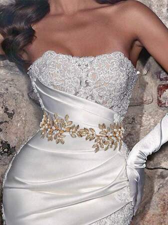 1pc Luxury Retro Bridal Fashion Waist Belt, European And American Style Wedding Dress Accessory, Women's Waist Chain With Pearl & Alloy Leaf Decor, Suitable For Party, Celebration, Evening Gown Valentine's Day Accessories