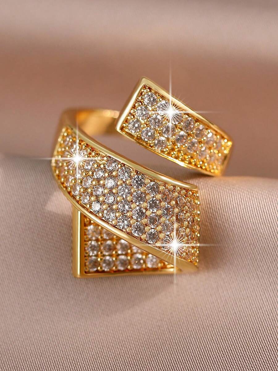1pc Fashionable Multi-Layer Spiral Cubic Zirconia Ring, Personalized Asymmetric Accessory, Suitable For Women's Daily Wear, Engagement/Wedding Occasions - Yellow Gold - View 1