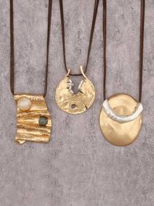 1 件简约个性化时尚椭圆形金合金和棕色蜡绳串珠项链，男女通用项链，送给男朋友/女朋友的礼物 - 臘繩 - 查看 14