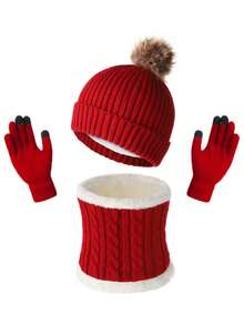 1 Set Hat, Scarf, Gloves 3-In-1 Warm Winter Set, Pom Pom Knit Hat, Touchscreen Gloves, Fleece Neck Warmer, Holiday Gift, Suitable For Daily Commute, Outdoor Skiing Winter Gear - Multicolor - View 4
