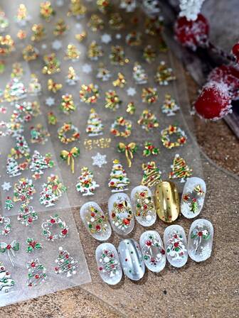 Colorful Christmas Nail Stickers, Gold Plated Christmas Tree Wreath, Snowflake Bow, Small Elements