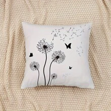 1 pieza Funda de cojín con diseño minimalista de diente de león en blanco y negro, decoración de mariposa, tela de poliéster impresa por un solo lado, adecuada para la decoración del hogar moderno