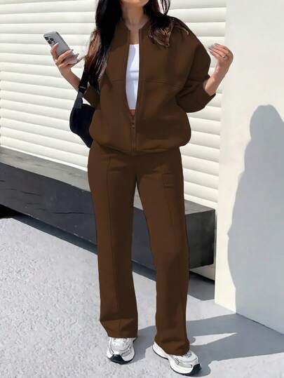 两件套休闲纯色卫衣外套上衣和直筒裤套装，柔软抓绒面料，适合春、秋、冬季穿着。