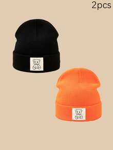 1/2/3pcs Unisex Line Bear Print Knit Beanie Hat, Soft Warm Casual Outdoor Fashion Headwear, Suitable For Daily Wear