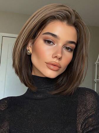 12-Inch Short Straight Wigs Brown Natural Wig 13*4 Lace Front Hand Woven Lace Chemical Fiber Hair Daily Cosplay Imported Silk Party Wedding Music Festival Christmas Gift