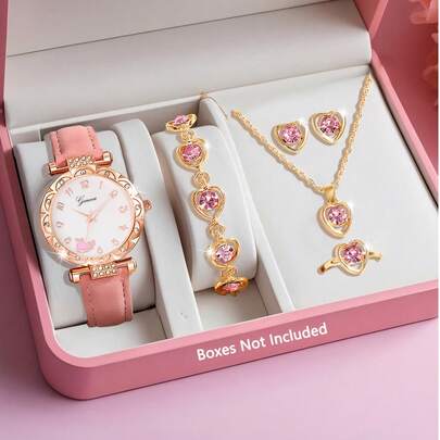 6/5件可爱优雅的PU皮革表带石英女表，搭配优雅的钻石项链、手链、戒指和一对耳环，非常适合学生返校、聚会和旅行等日常生活。它是生日和毕业季的最佳礼物，也是送给女孩的完美礼物。