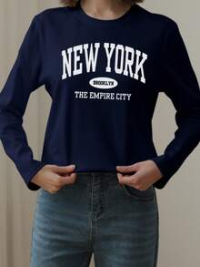 Women's Autumn And Winter NEW YORK Slogan Graphic Round Neck Long Sleeved T Shirt ,Casual Loose And Versatile Holiday Style Tops,Fashionable Fall Women Clothes Suitable For Daily Wear