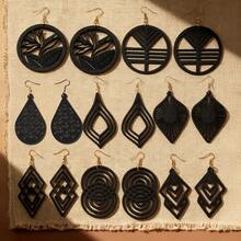 8 Stücke Boho-Stil Holz Ohrringe Set - Vintage Resort Stil, ideal für tägliche und saisonale Mode, elegantes Geschenkset für Frauen - Schwarz - Übersicht 12