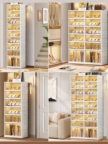 6-Tier Foldable Shoe Rack Organizer For Closet 12Pairs Plastic Shoe Shelf Collapsible Shoes Storage Box Clear Shoe Boxes Stackable With Door Easy Assembly Shoe Cabinet With Lids Large - White - View 8