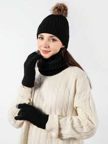 1 Set Hat, Scarf, Gloves 3-In-1 Warm Winter Set, Pom Pom Knit Hat, Touchscreen Gloves, Fleece Neck Warmer, Holiday Gift, Suitable For Daily Commute, Outdoor Skiing Winter Gear - Multicolor - View 3