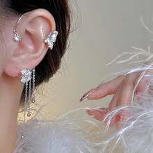 Butterfly Earrings For Women Butterfly Tassel  Earrings Rhinestones Dangle Drop Earrings Butterfly Jewelry Birthday Gifts For Women Wedding Accessories For Brides Bridesmaides - B:1pc Silver Right Butterfly Ear Cuff Earrings - View 8