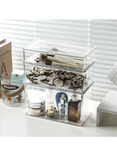 1PC Dust-Proof Transparent Stackable Storage - Desktop Organizer For Makeup Brushes, Hair Accessories & Skincare