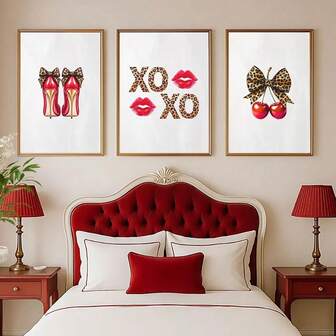 3 件套复古红色猎豹壁画，时尚豹纹艺术版画，樱桃海报，少女魅力装饰，Y2K 房间美学，完美适合迷人舒适的卧室、公寓、女生房间、宿舍装饰，无框