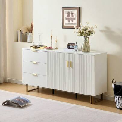 Modern White MDF Sideboard, Zinc Alloy Handles And Steel Legs, Elegant Storage Unit For Living Room, Bedroom And Entrance