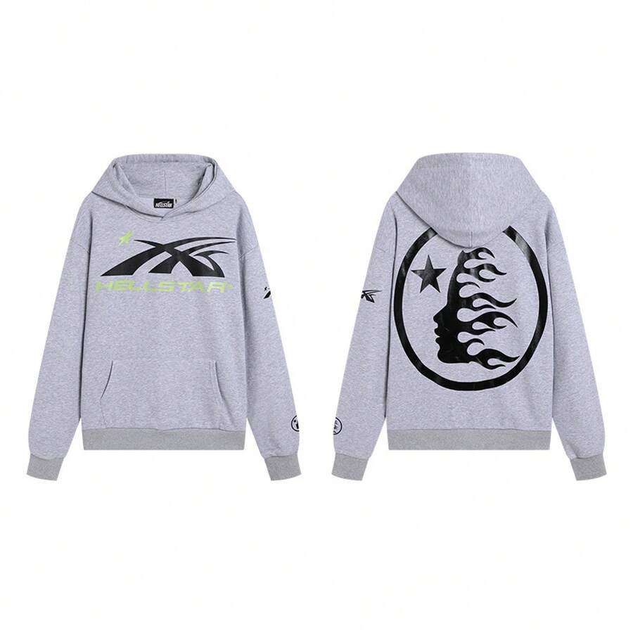 Hoodie, Retro Letter Print Hoodie, Men's Streetwear Long-Sleeve Hooded Sweatshirt, Couple Matching Outfit Sweatshirts - H515灰色 - 查看 1