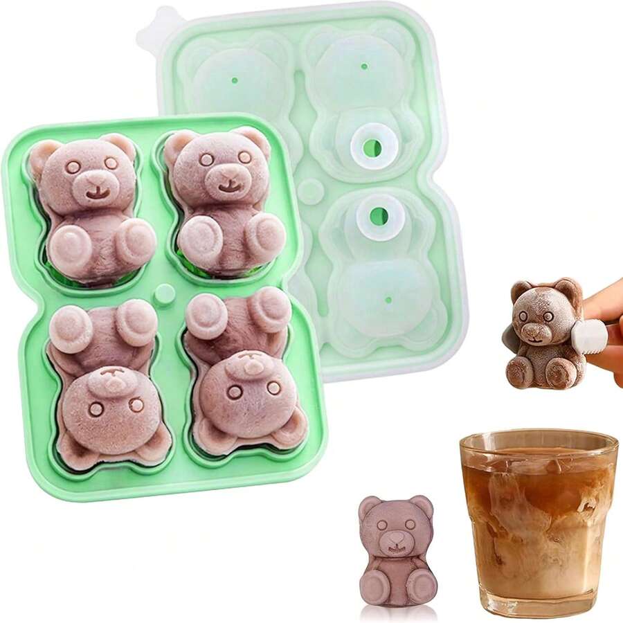 3D Bären Eiswürfelform, grüne Silikon Eiswürfelform mit Deckel für Cocktails, Whiskey, Bourbon, große Eiswürfelformen für den Gefrierschrank, wiederverwendbare Eiswürfelformen, witzige, süße Bären Formen für Süßigkeiten und Schokolade