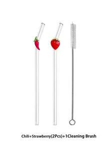 1/2/4Pcs Reusable Glass Straws With Red Strawberry/Chili Charms, Cute Bent And Clear Glass Drinking Straw With Cleaning Brush, For Kitchen Accessories, Water Cup,Cold Drinks, Milk Tea, Coffee, Juice, Smoothies, Kitchens, Restaurants, Cocktail Parties, Back-To-School, Gifts For Girlfriends/Boyfriends, Parents, Friends, Holiday Supplies.New Year, Valentine's Day. - Style 1 - View 13