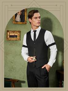 1920s Mens Costume Gatsby Gangster Costume Accessories Set-1920s Hat Vest Pocket Watch Tie-Roaring 20s Costumes For Men-Shirt Not Includ - 黑色 - 查看 4