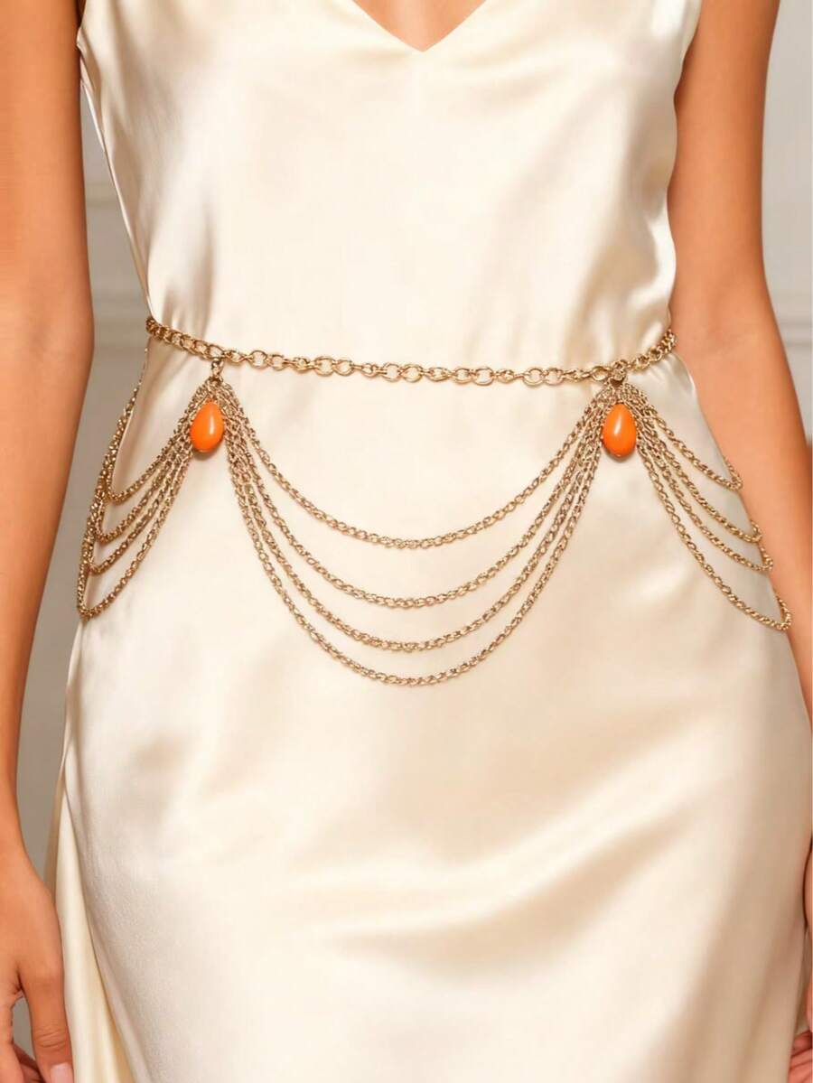 1pc Elegant Fashionable Versatile Personalized Design Orange Turquoise Tassel Waist Chain, Suitable For Daily Wear And Party, Autumn/Winter Sweater Accessory