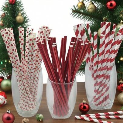 18/50/100 Unidades Canudos de Papel com Tema Vermelho de Natal - Adequado para Natal, Aniversário, Casamento, Aniversário, Despedida de Solteira e Decorações de Festa