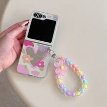 Floral & Heart Mirror Folding Phone Case With Chain, Compatible With Samsung Galaxy Z Flip3 5G/Galaxy Z Flip 4 5G/Galaxy Z Flip 5 5G/Galaxy Z Flip 6 5G/Galaxy Z Flip 7 5G, Foldable Phone Cover - Multicolor - View 8