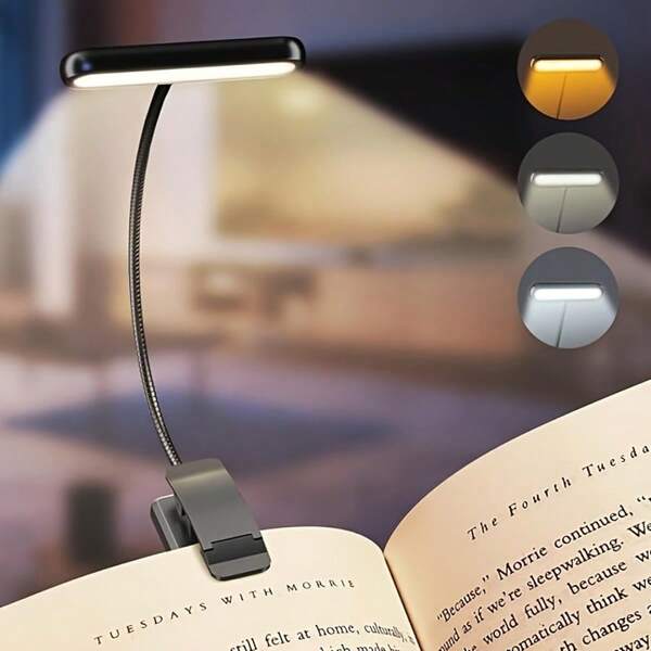 3-Color Clip-On Rechargeable LED Book Reading Light - Multiple Brightness Levels, 3 Color Temperatures, Long Runtime, Flexible Gooseneck, Adjustable Angle, USB-C Charging Port, Compact & Portable Design For Bed, Dorm, Home Office Reading & Work