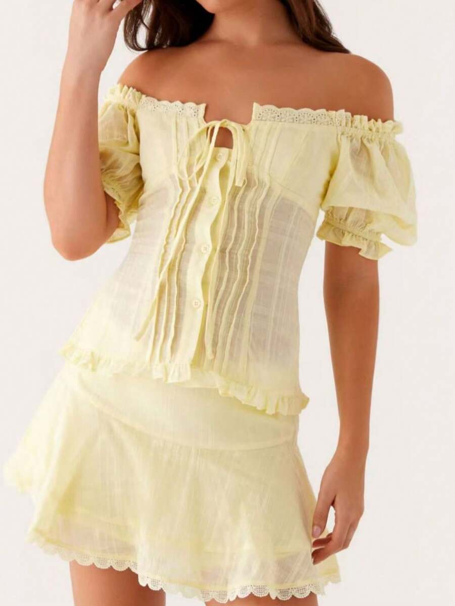 Women's Solid Color Puff Sleeve Button-Down Textured Slim Fit Shirt Short Sleeve Tops Suitable For Office Casual Street Wear - 淡黃色 - 查看 1